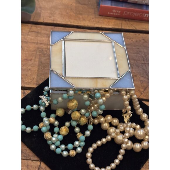 Elegant Glass & Metal Jewelry Box With signed Japan Beaded Necklace set of two p - Picture 9 of 16